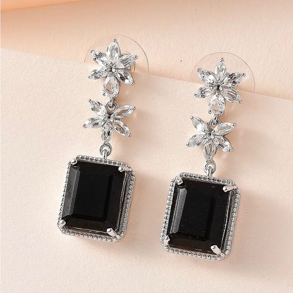 Black Tourmaline and White Topaz DangleEarrings Platinum Over Sterling Silver